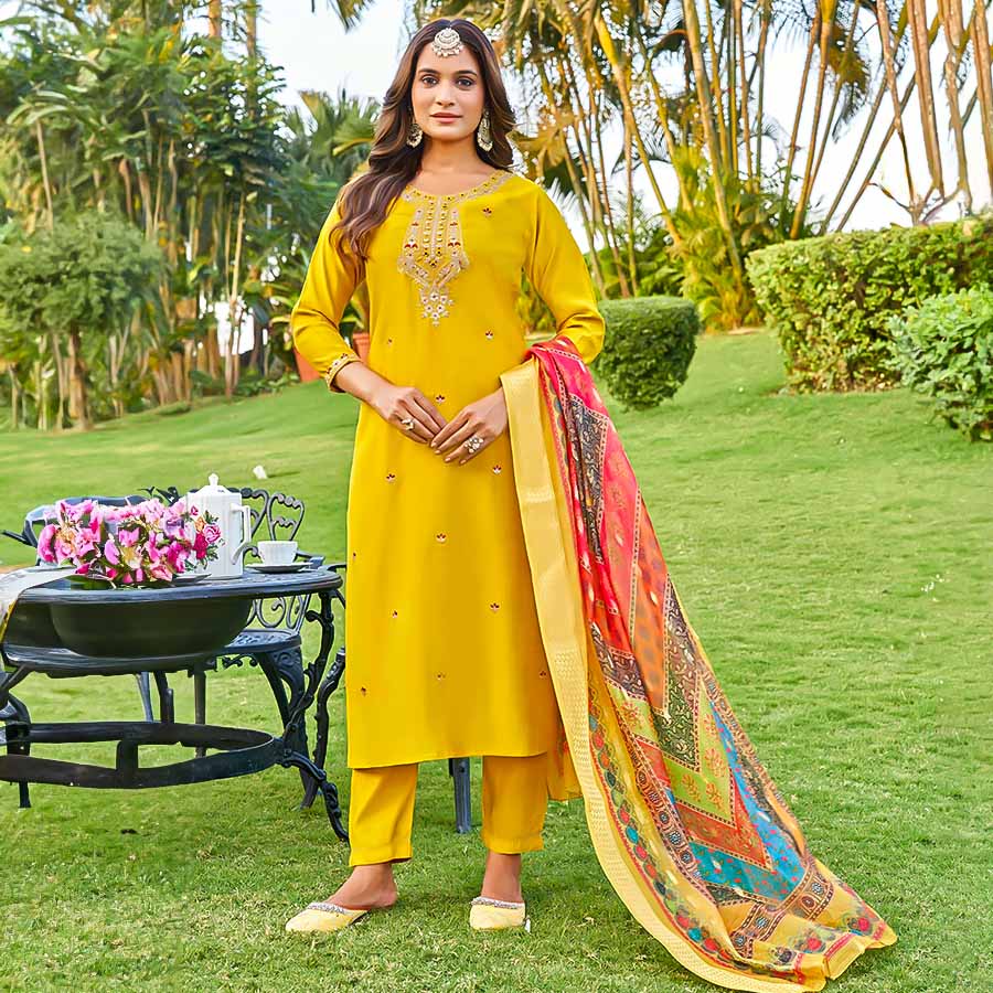 Yellow Viscose Roman Silk Casual Wear Salwar Kameez