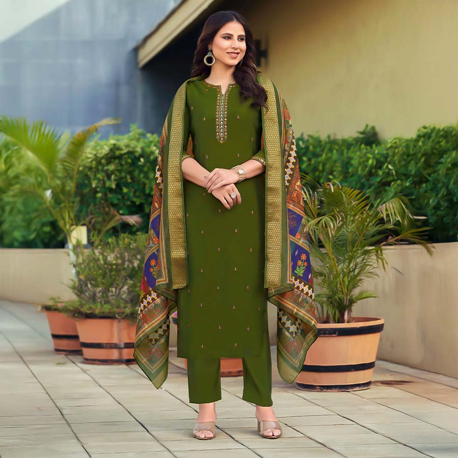 Green  Viscose Roman Silk  Casual Wear Salwar Kameez