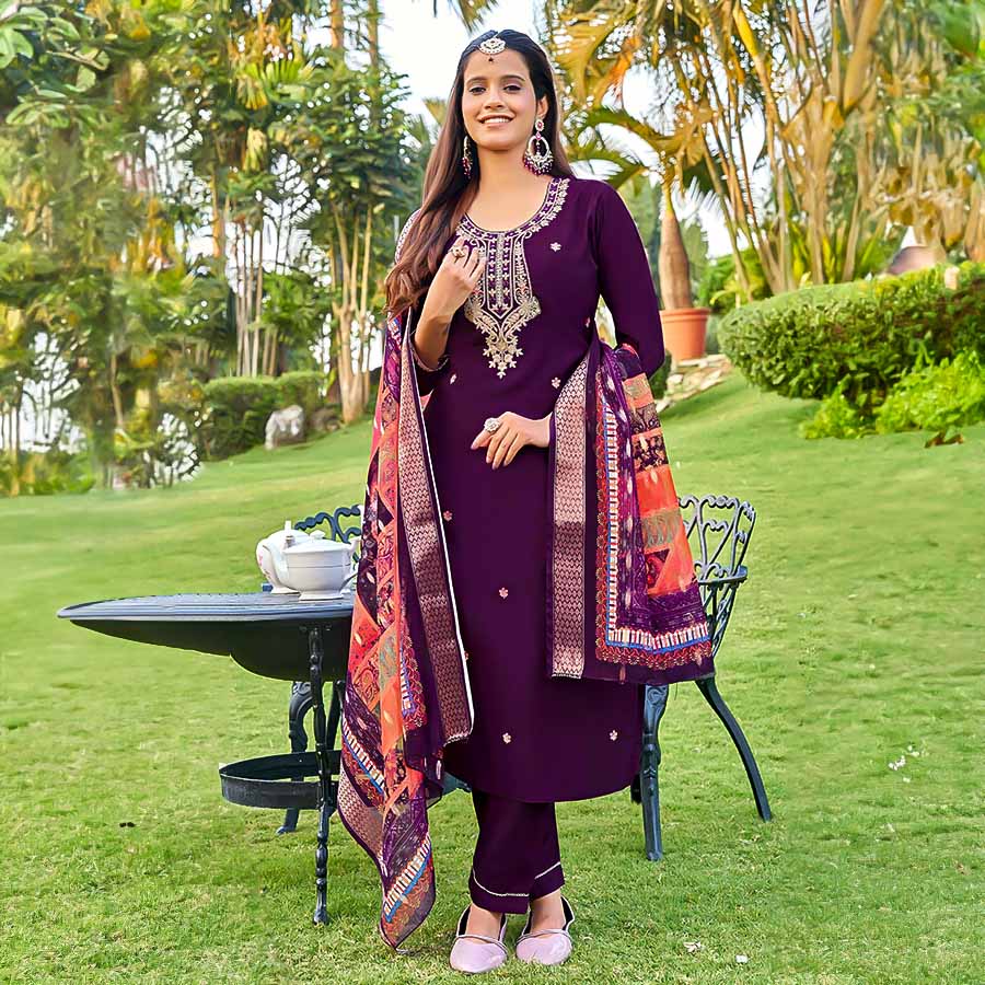 Violet Viscose Roman Silk Casual Wear Salwar Kameez