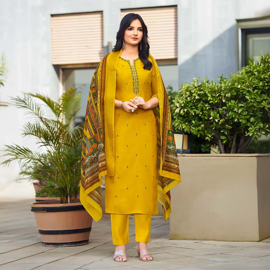 Yellow Viscose Roman Silk  Casual Wear Salwar Kameez