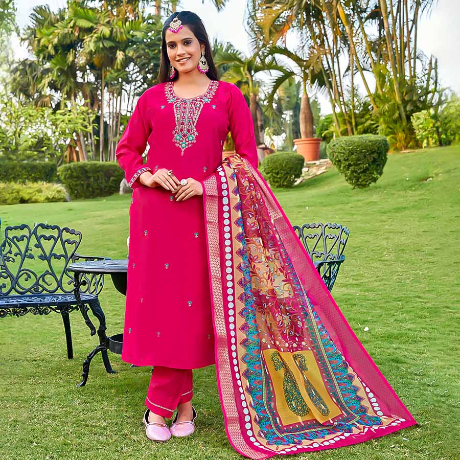 Magenta Viscose Roman Silk Casual Wear Salwar Kameez