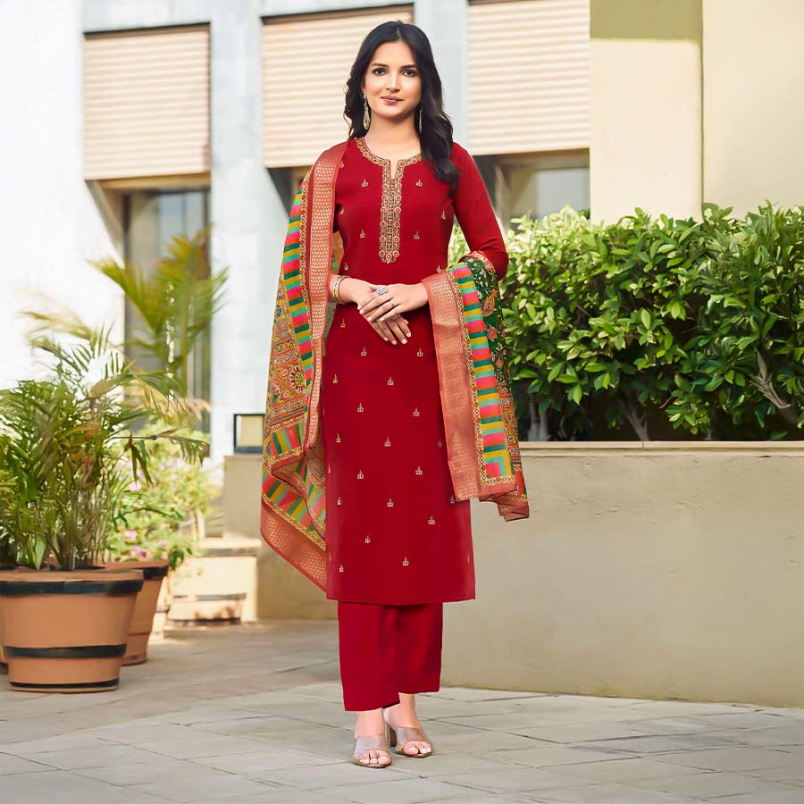 Red  Viscose Roman Silk  Casual Wear Salwar Kameez