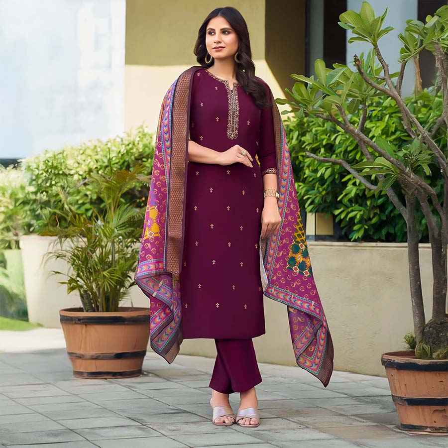 Violet Viscose Roman Silk  Casual Wear Salwar Kameez