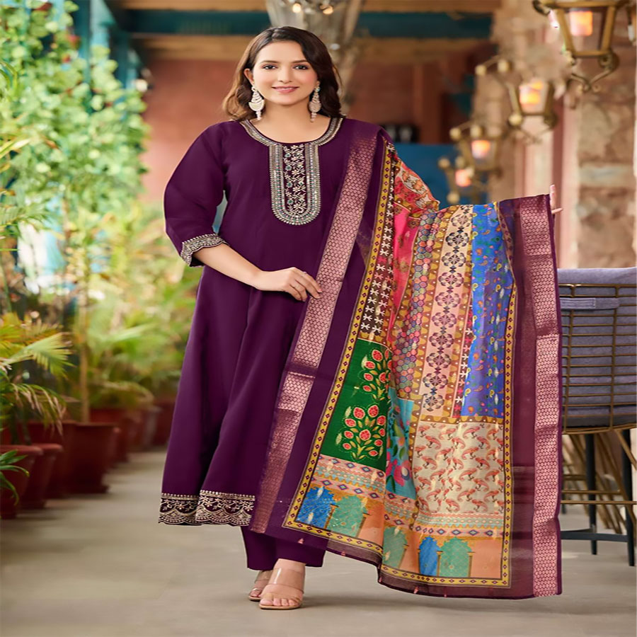 Purple Viscose ROMAN SILK Anarkali Suit