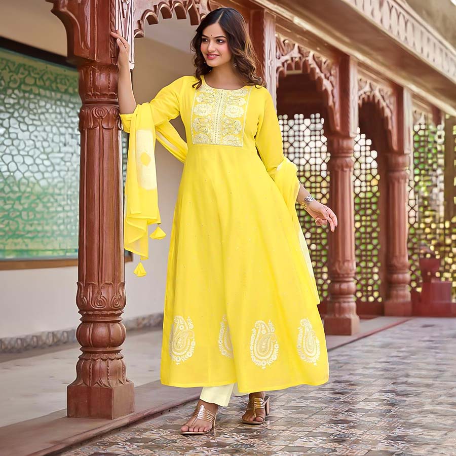 Yellow Cotton Casual Wear Salwar Kameez