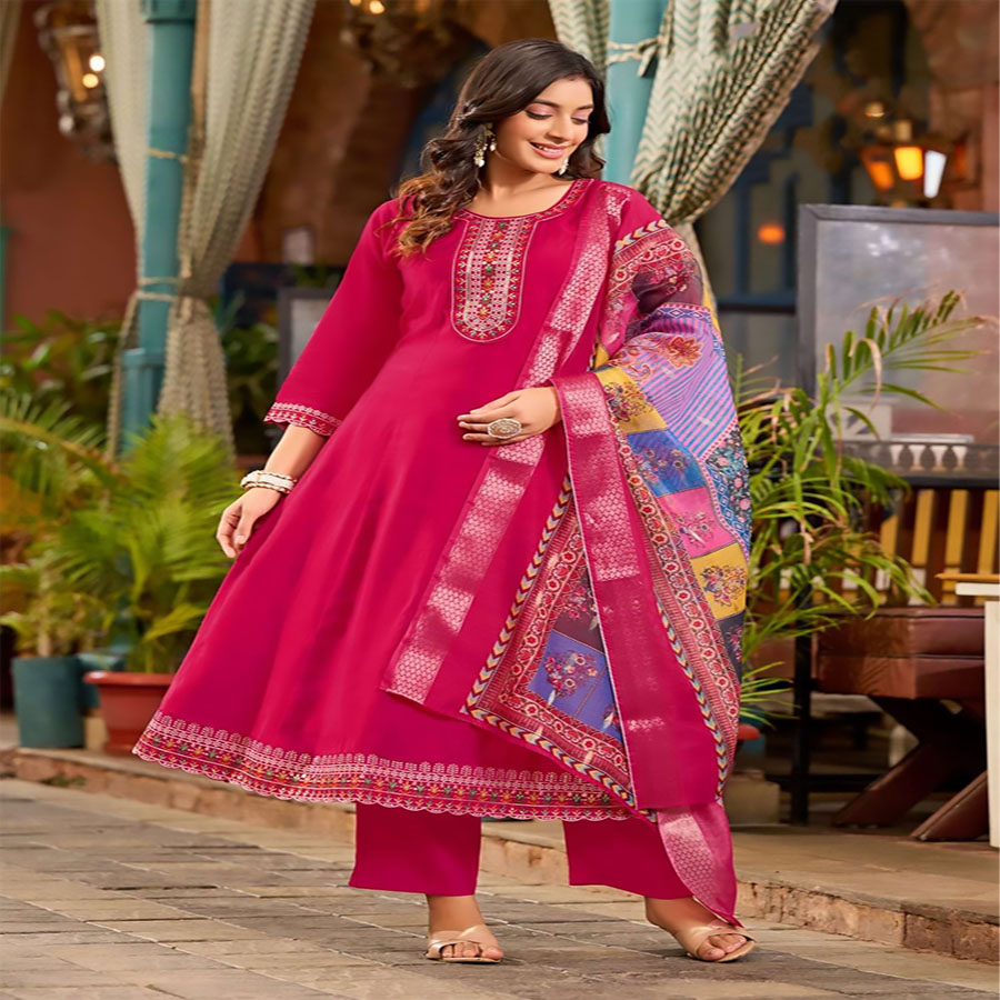 Pink Viscose ROMAN SILK Anarkali Suit