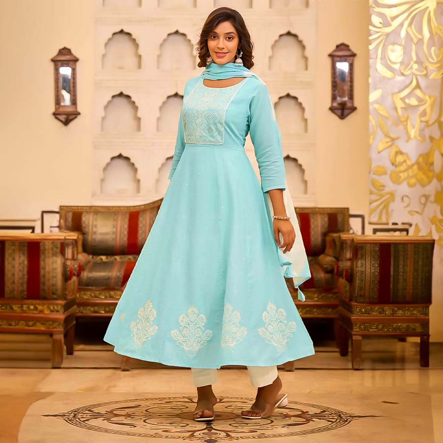 Sky Blue Cotton Casual Wear Salwar Kameez