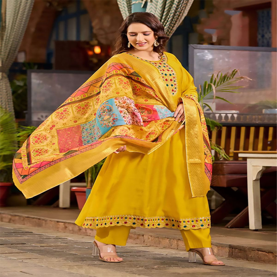 Yellow Viscose ROMAN SILK Anarkali Suit