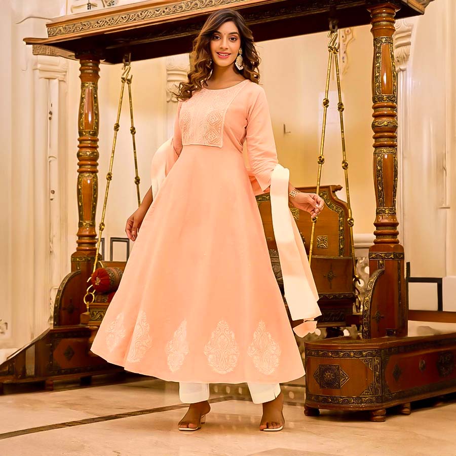 Salmon Cotton Casual Wear Salwar Kameez