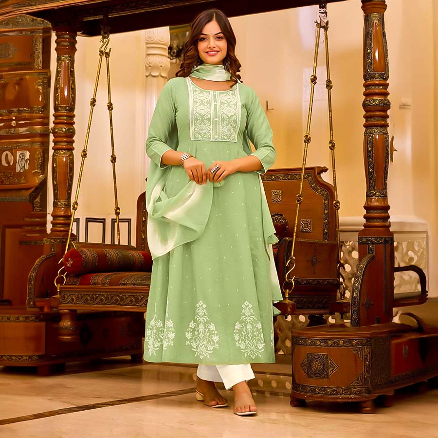 Green Cotton Casual Wear Salwar Kameez