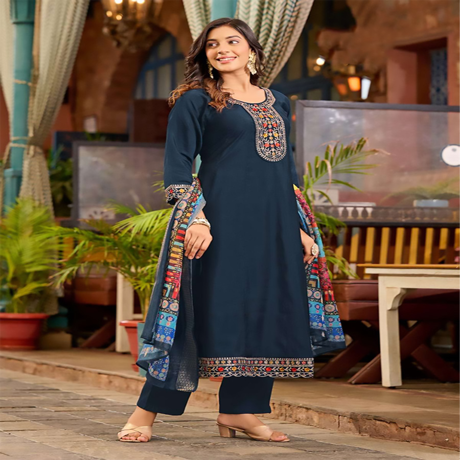 Blue Viscose ROMAN SILK Anarkali Suit