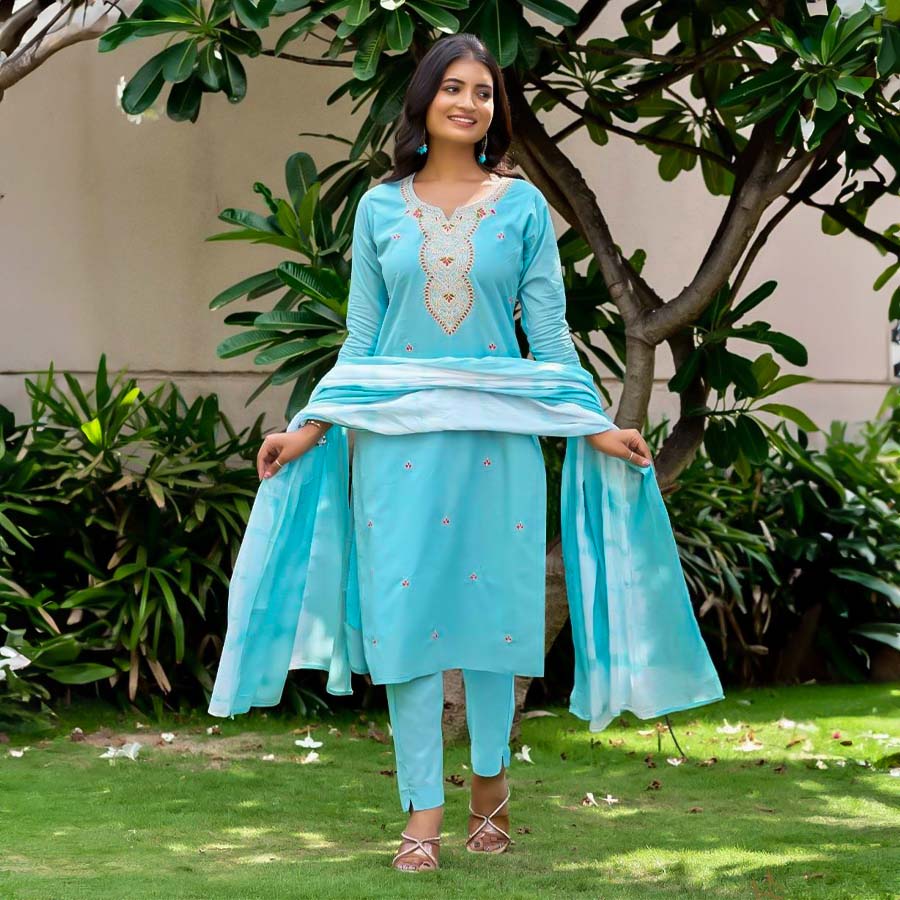 Blue Cotton Casual Wear Salwar Kameez