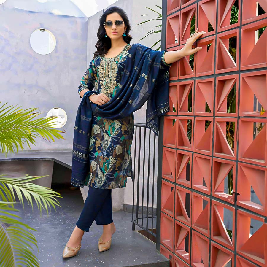 Blue  Chanderi Casual Wear Salwar Kameez