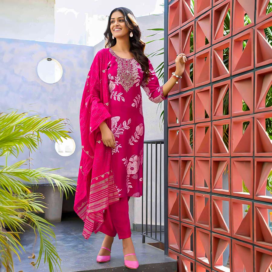 Magenta Chanderi Casual Wear Salwar Kameez