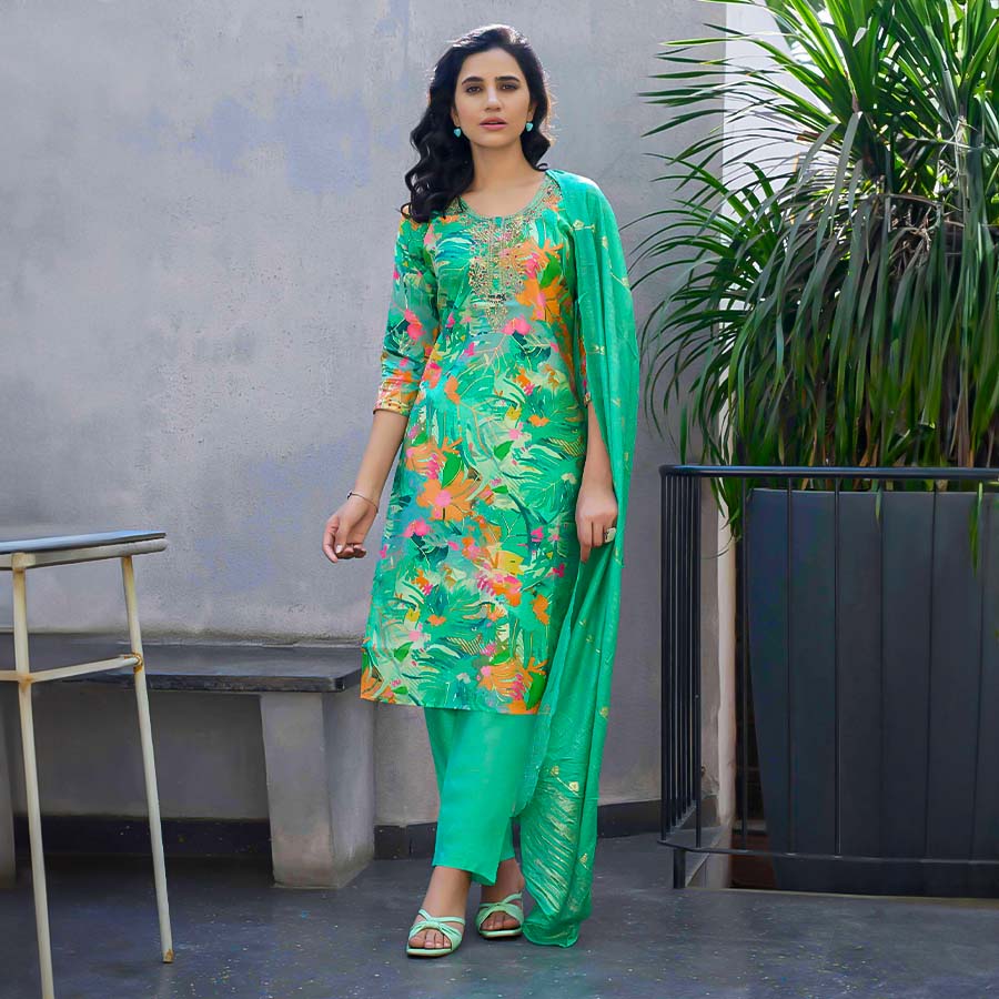 Cyan Chanderi Casual Wear Salwar Kameez