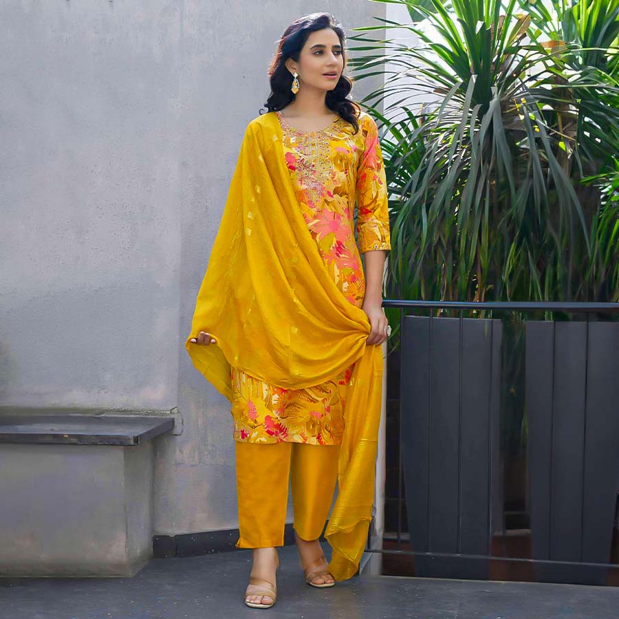 Yellow Chanderi Casual Wear Salwar Kameez