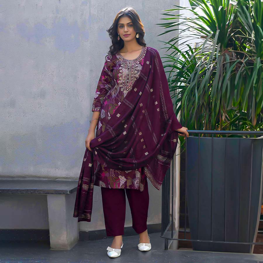 Violet Chanderi Casual Wear Salwar Kameez
