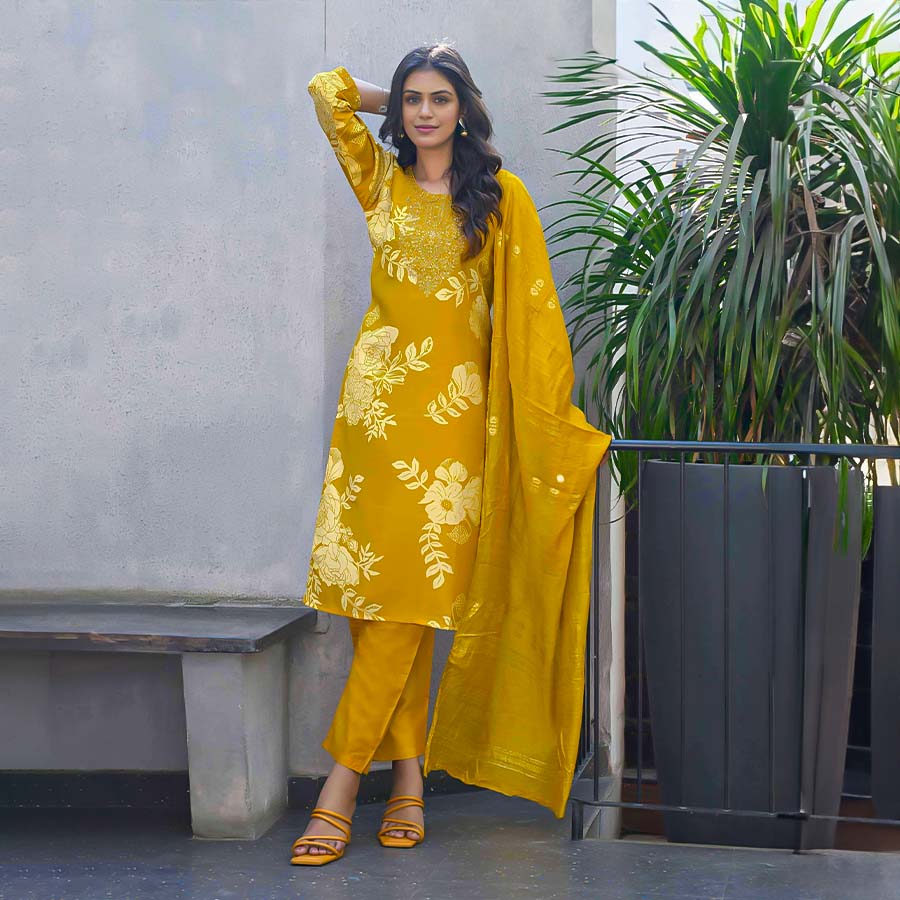 Yellow Chanderi Casual Wear Salwar Kameez