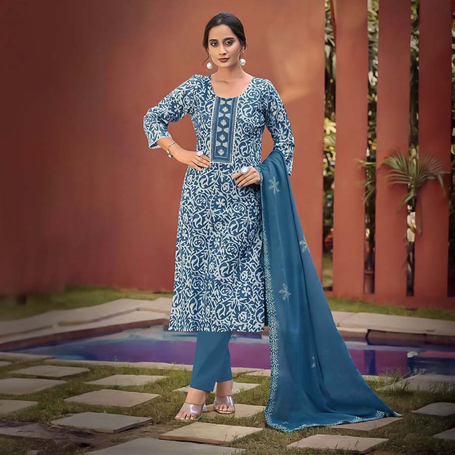 Blue Cotton Casual Wear Salwar Kameez