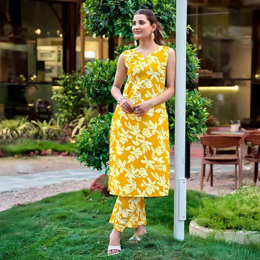 Yellow Cotton Printed Kurti