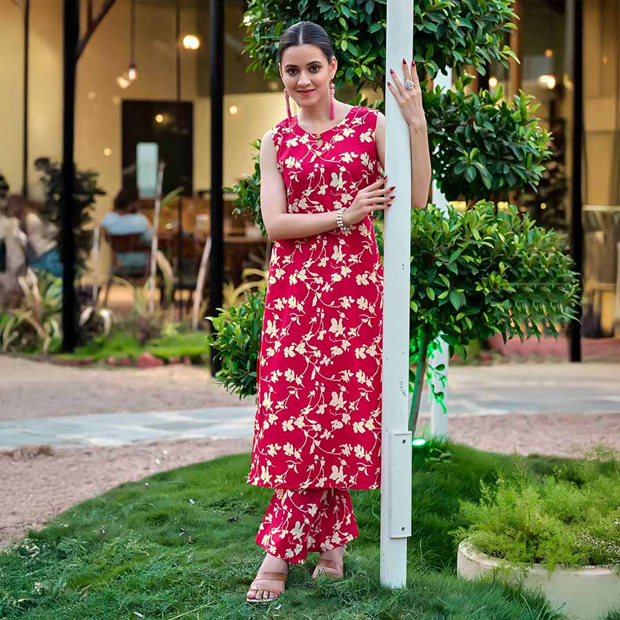 Red Cotton Printed Kurti