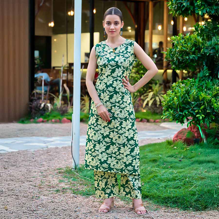 Green  Cotton Printed Kurti