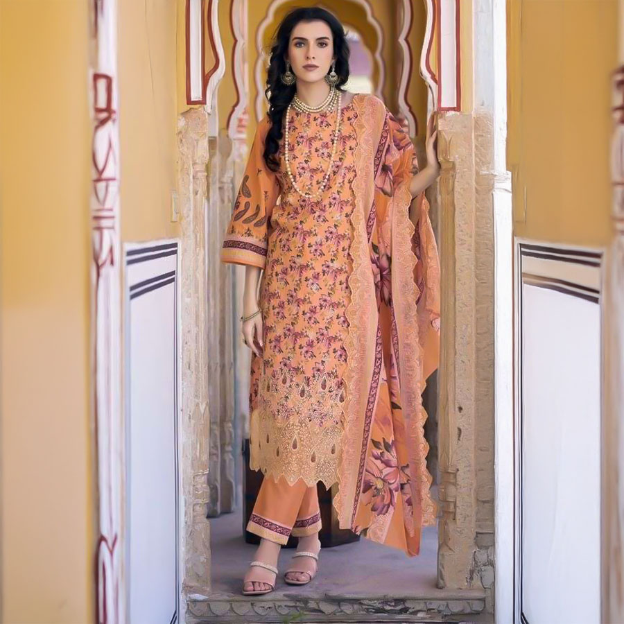 Orange  Lawn Casual Wear Salwar Kameez