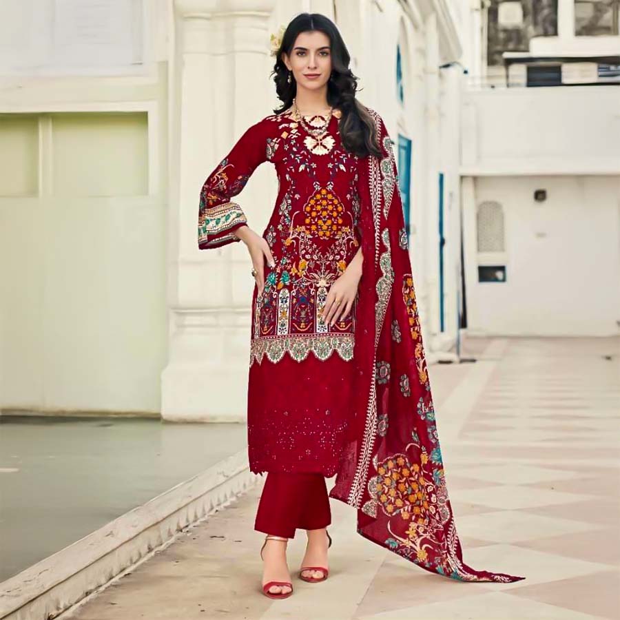 Red  Lawn  Casual Wear Salwar Kameez