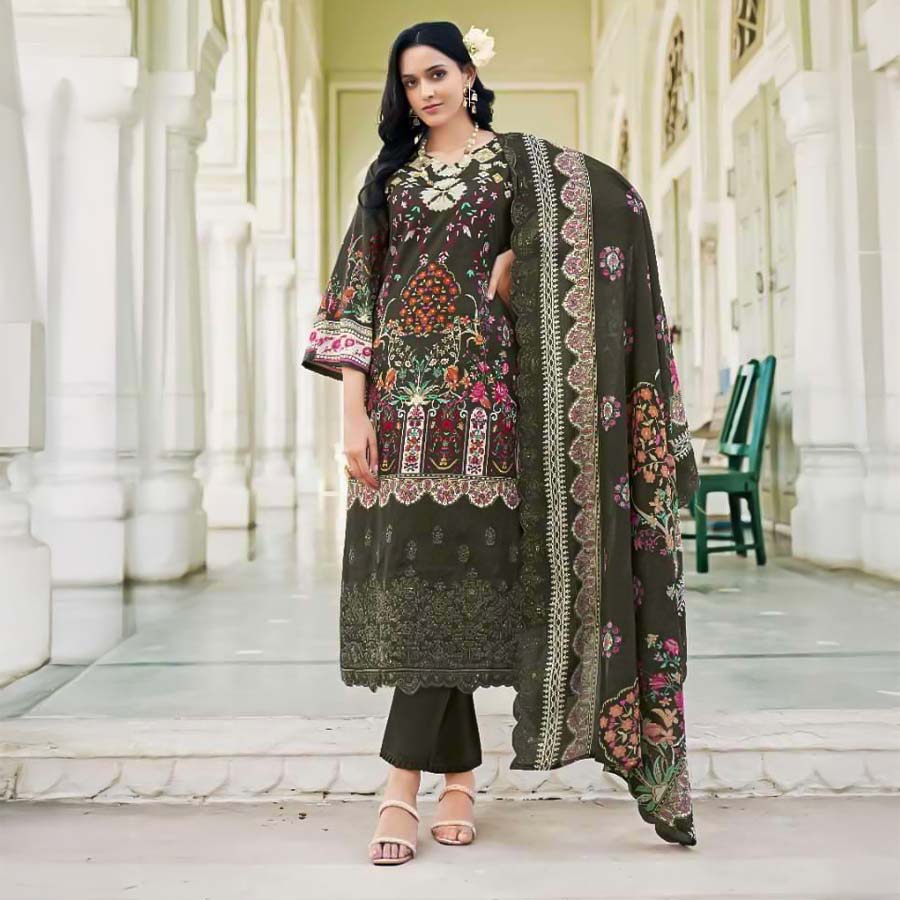 Olive Green  Lawn  Casual Wear Salwar Kameez