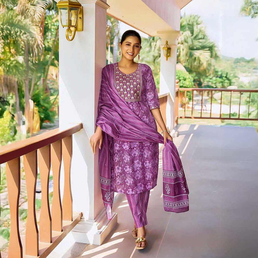 Purple Cotton Casual Wear Salwar Kameez