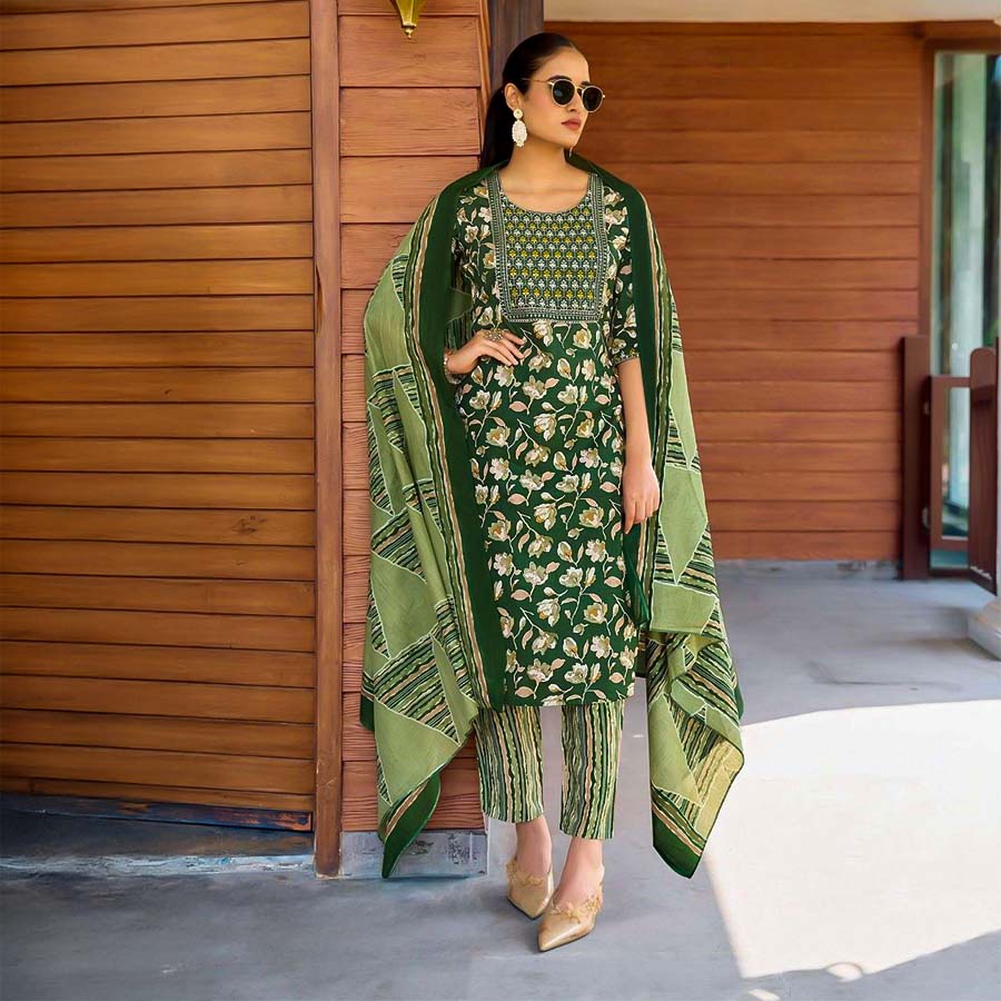 Green  Cotton Casual Wear Salwar Kameez