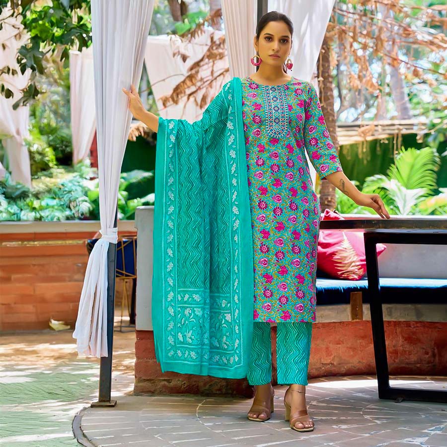 Cyan Cotton Casual Wear Salwar Kameez