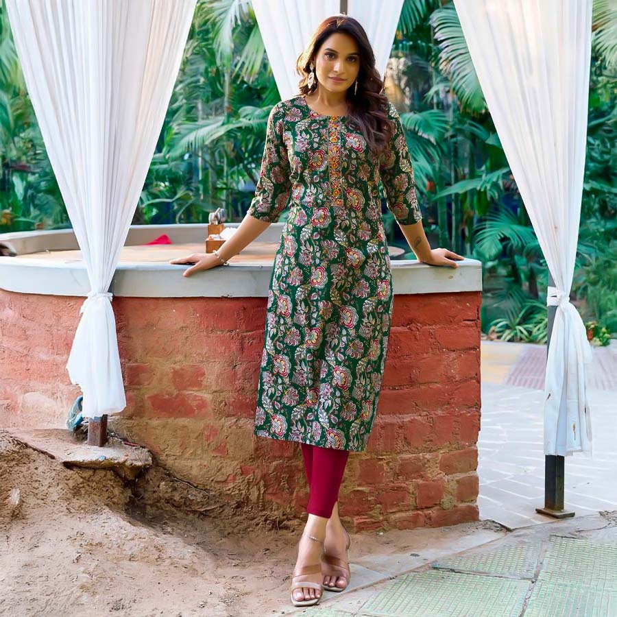 Green  Cotton Printed Kurti