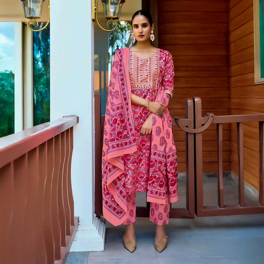 Pink Cotton Casual Wear Salwar Kameez