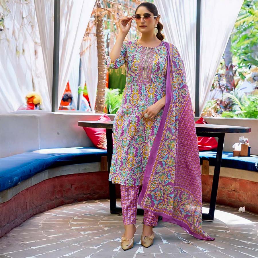 Purple Cotton Casual Wear Salwar Kameez