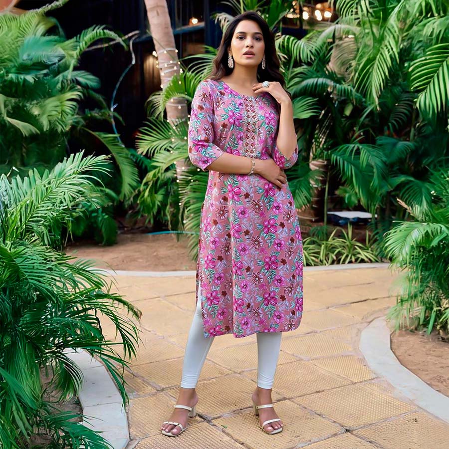 Purple Cotton Printed Kurti
