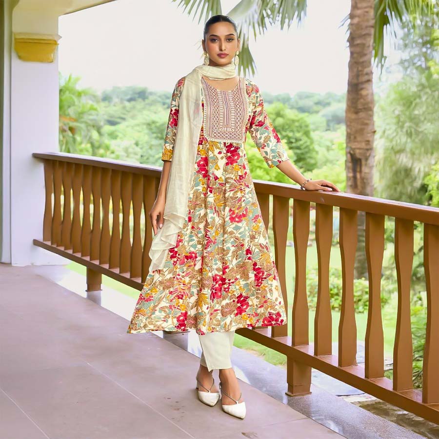 White  Rayon Casual Wear Salwar Kameez