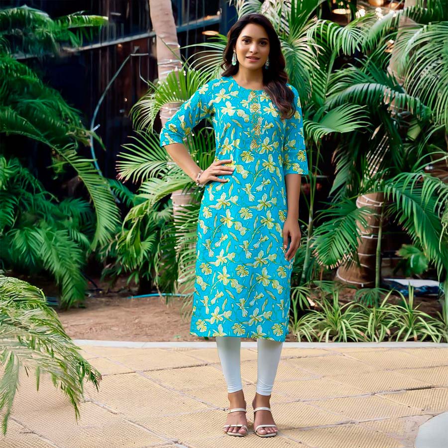 Blue  Cotton Printed Kurti