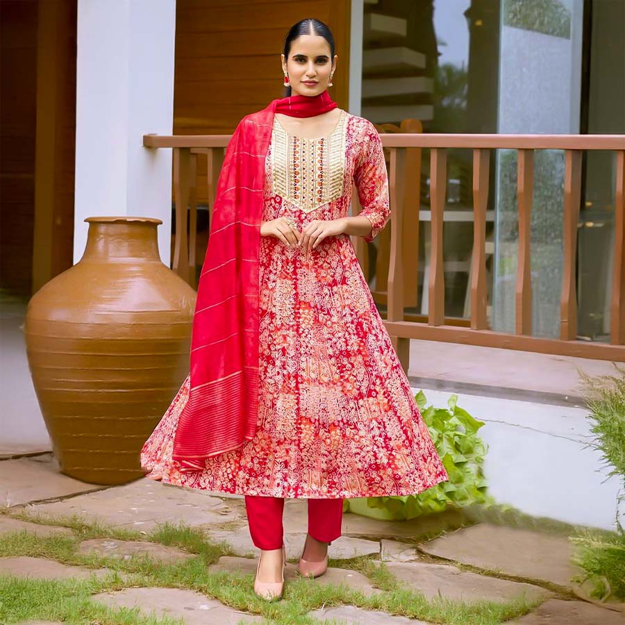 Red Rayon Casual Wear Salwar Kameez
