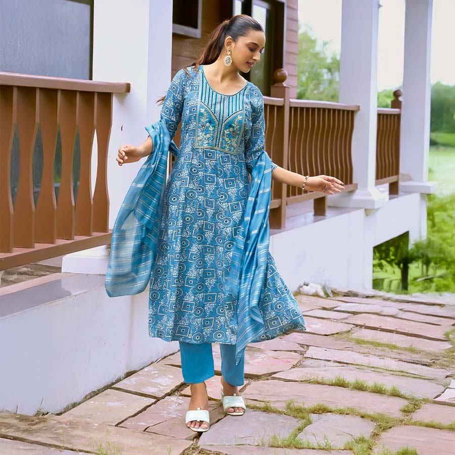 Blue  Rayon Casual Wear Salwar Kameez