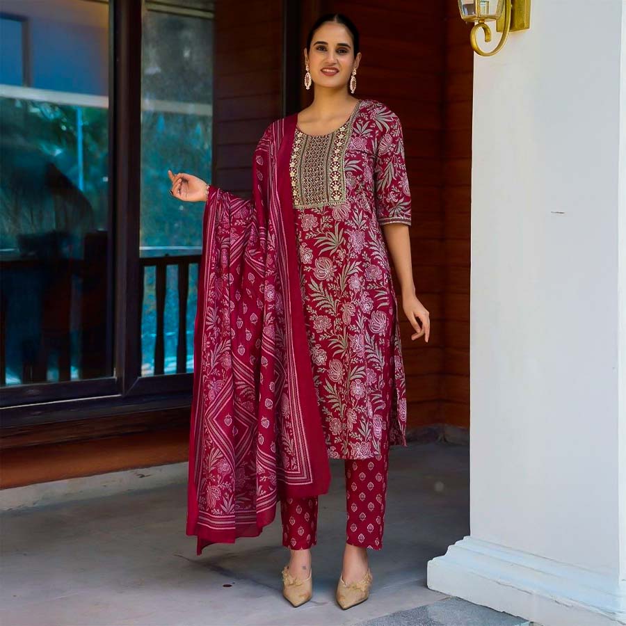 Red Cotton Casual Wear Salwar Kameez