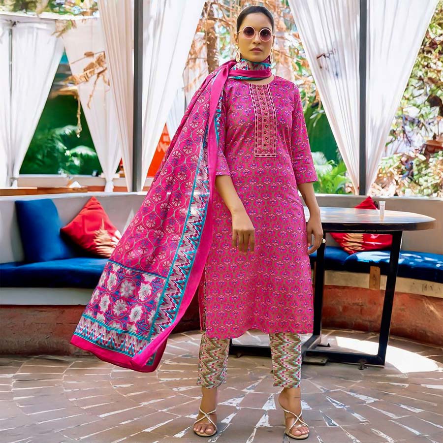 Pink  Cotton Casual Wear Salwar Kameez