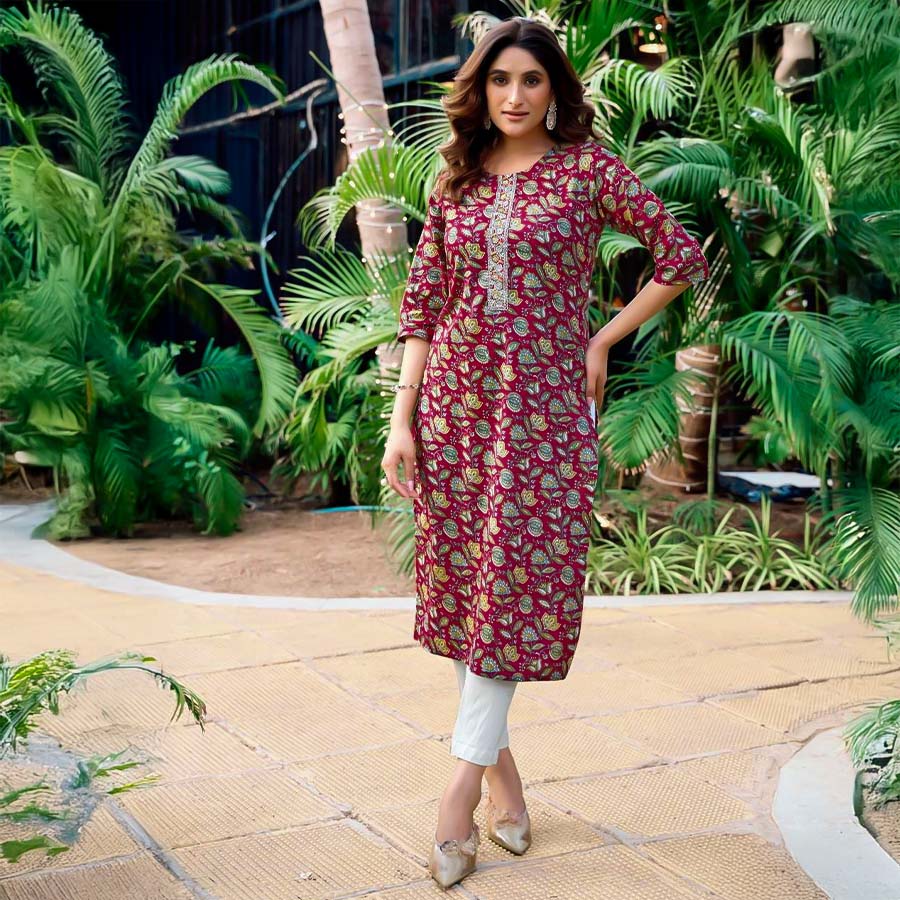 Red Cotton Printed Kurti