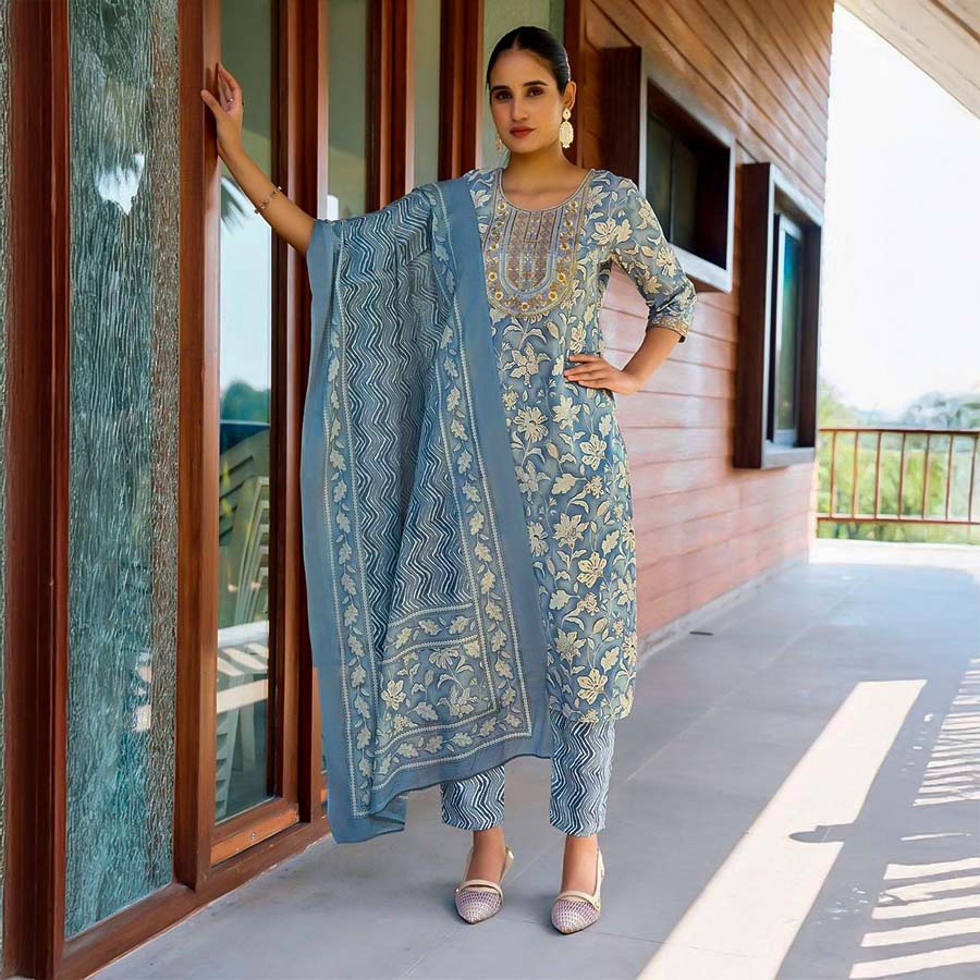 Blue Cotton Casual Wear Salwar Kameez