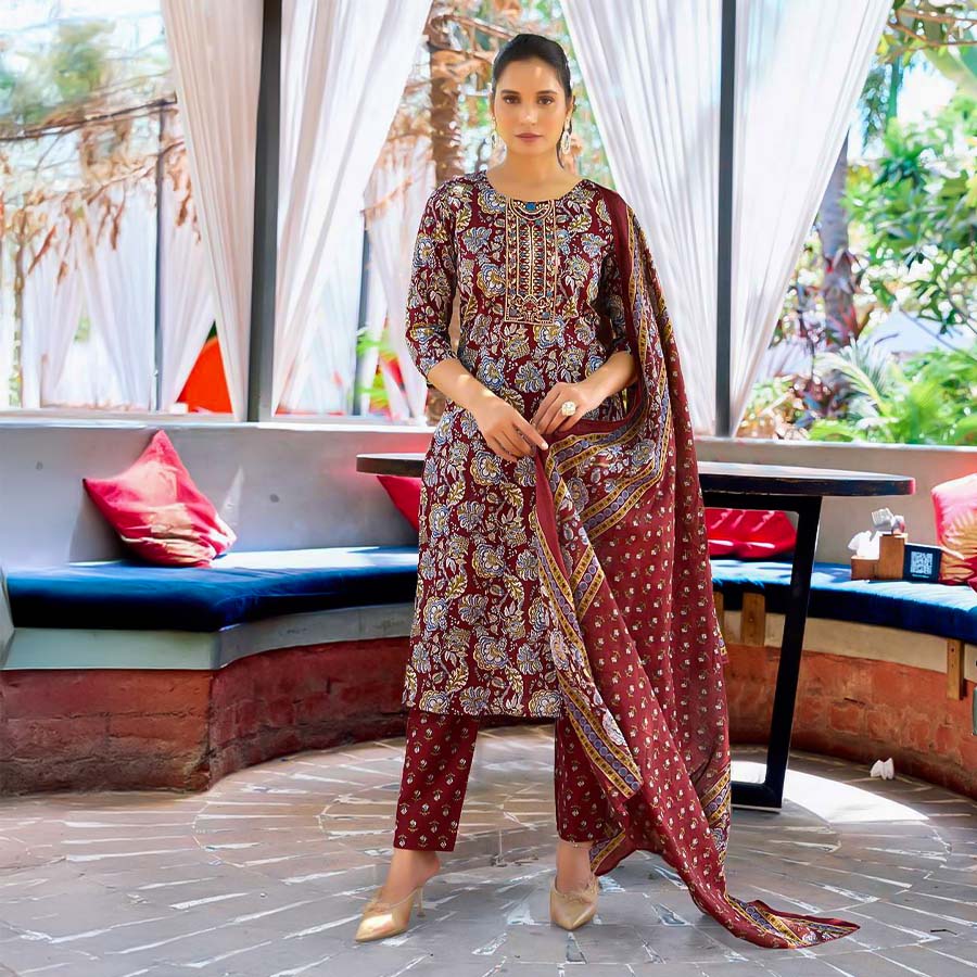 Red Cotton Casual Wear Salwar Kameez