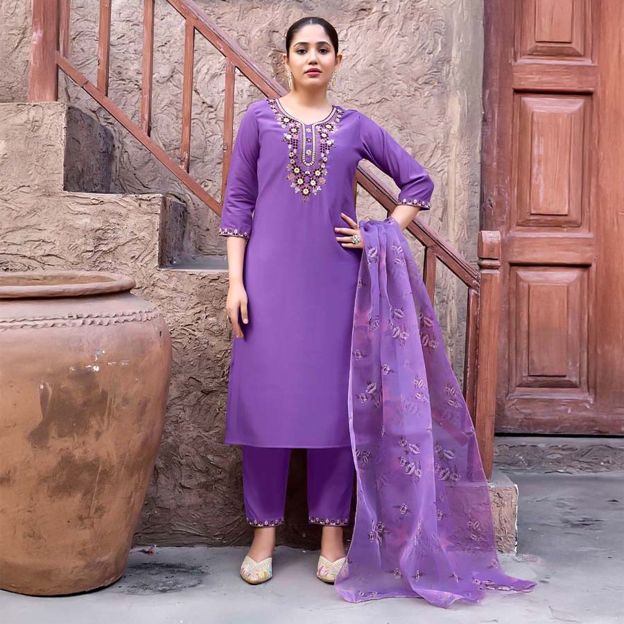 Purple  Roman Silk  Casual Wear Salwar Kameez