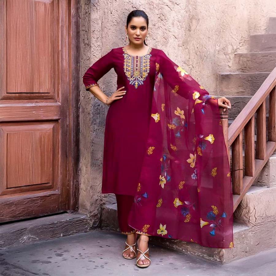 Red  Roman Silk  Casual Wear Salwar Kameez