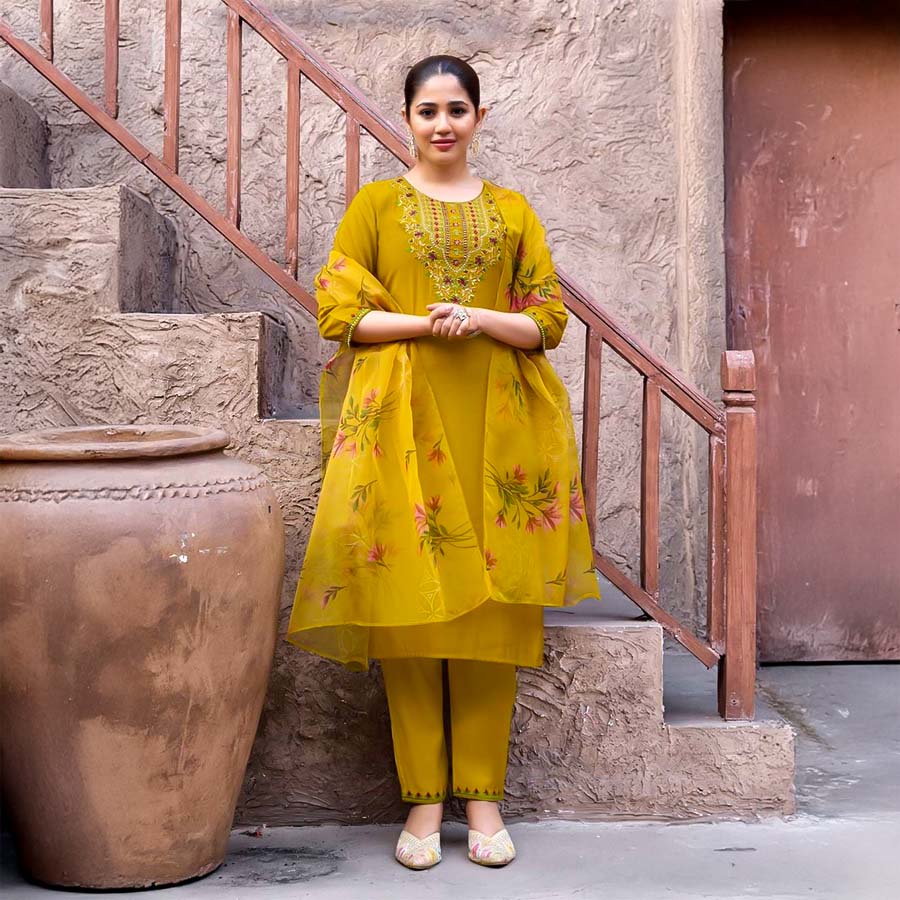 Yellow  Roman Silk  Casual Wear Salwar Kameez