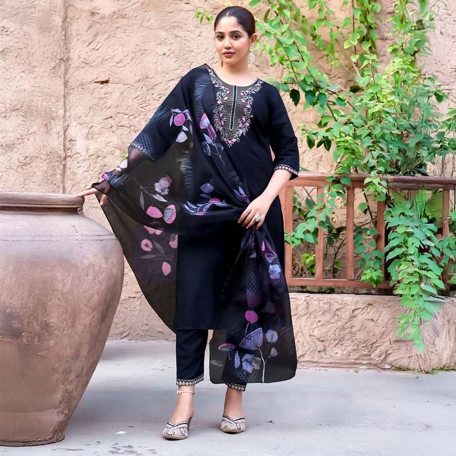 Black Roman Silk  Casual Wear Salwar Kameez