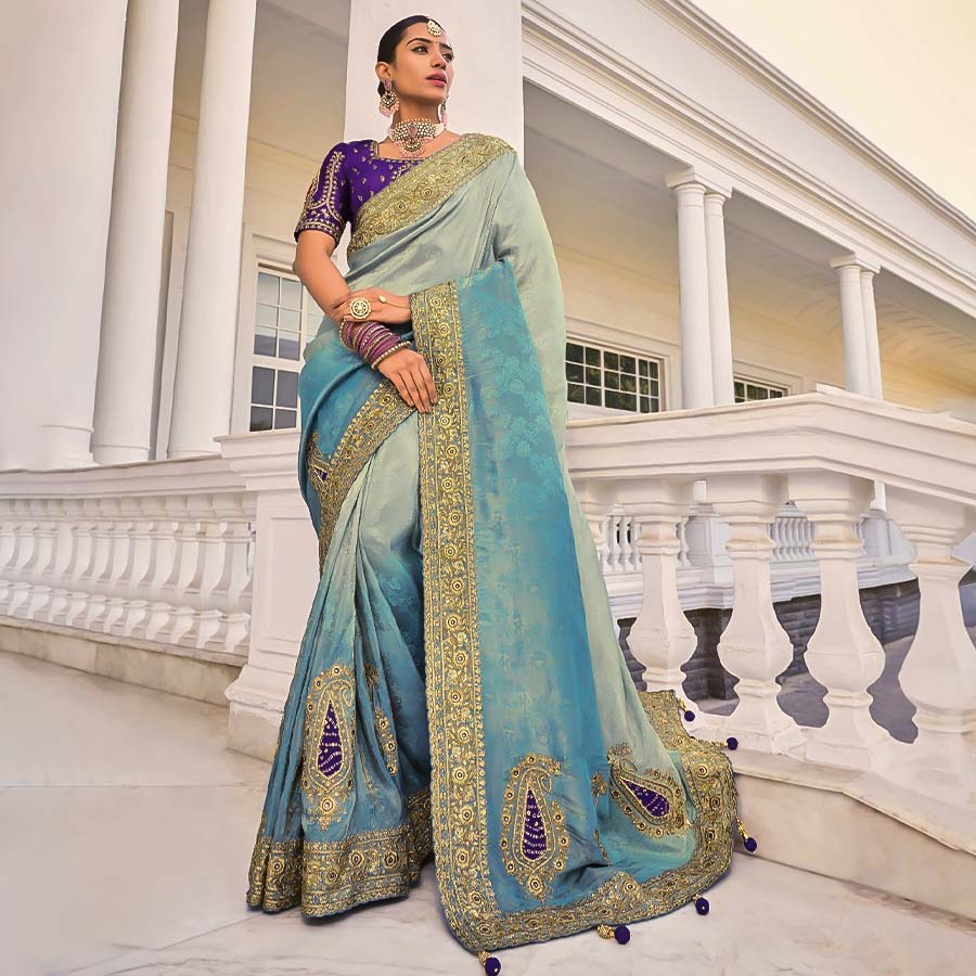 Blue Crape Jacquard Designer Saree